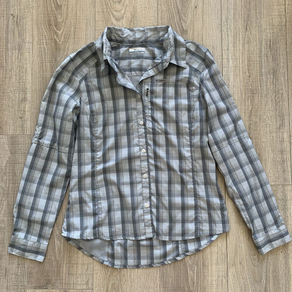 Columbia Lightweight Vented Hiking Shirt Long Sleeve Button Plaid Blue Womens M